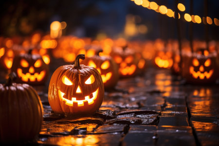Halloween carved pumpkin on the porch outside. ai generativeの素材