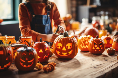 Stunning close-up photograph of a child carving pumpkins for Halloween, emphasizing the creative side of the season and the emotional connection between them. Generative A.I.の素材