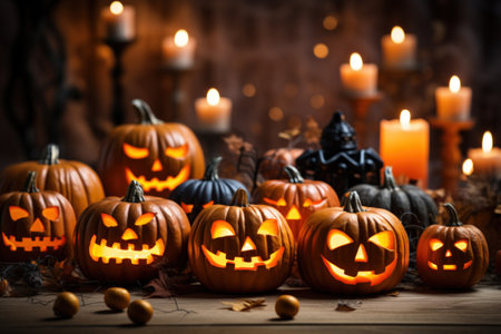 Scary horror background with Halloween pumpkins jack o lantern. Generative AIの素材