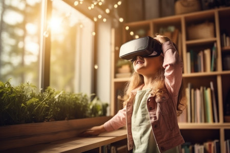 Young kid wearing a virtual reality headset, generative aiの素材