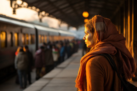 Woman with a backpack travel alone . Generative AIの素材