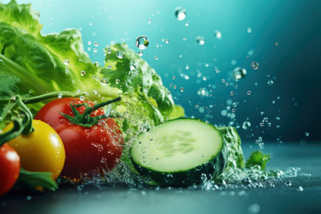 Fresh vegetables, and splashes of water. generative aiの素材
