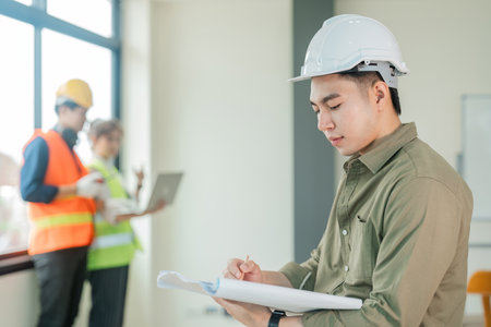 Engineer planing and working on table construction working at office and engineering team discussion background imageの写真素材
