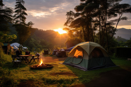 camping tent high in the mountains at sunset. generative AIの素材