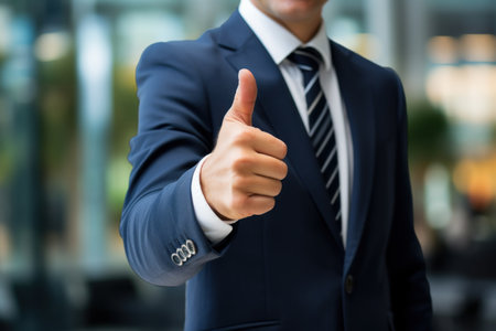 businessman wearing black suit and tie showing thumbs up Generative AI.の素材