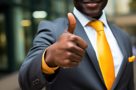 businessman wearing black suit and tie showing thumbs up Generative AI.の素材
