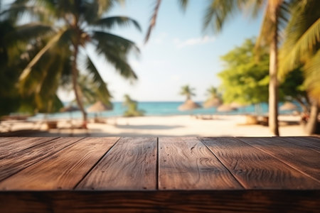 Empty wood table top and blurred view bokeh background. Product display Generative AI.の素材