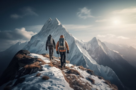 Couple of man and woman hikers on top of a mountain together enjoying their climbing success and the breathtaking view. Generative AIの素材