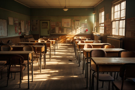 Desks and chairs in an empty classroom on sunset. AI generativeの素材