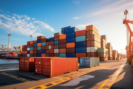 Rows of cargo containers rest atop massive container ships docked at an industrial port. generative AIの素材