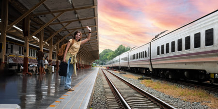 Woman with suitcase waiting for a train Tourist adventure holiday traveling concept. lifestyle...