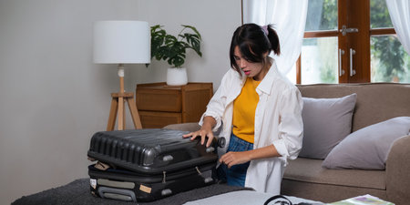 Young asian woman traveler serious about pack bags prepare for the travel season vacation, concept lifestyle active journey and trip travel, passportの写真素材