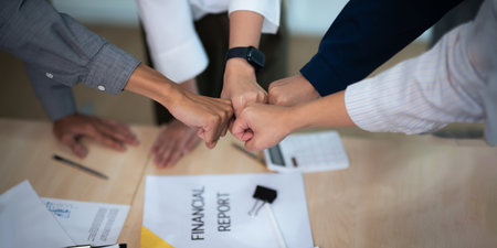 Hands, fist bump and business people, mission and collaboration with support, target goals and...
