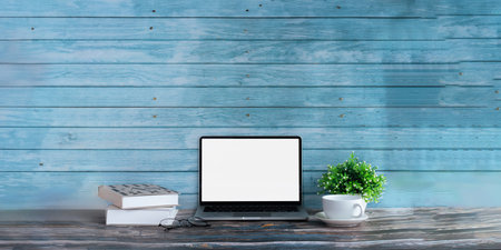 Modern laptop computer, Coffee cup, laptop on wooden table. Studio shot isolated on white. mockup...