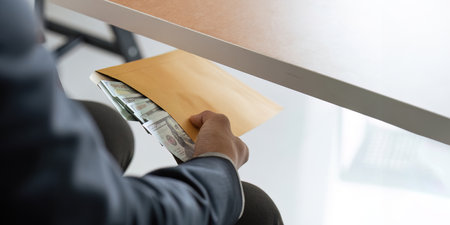 Businessman briefcase document envelope with dollar banknotes while money passes under a table....