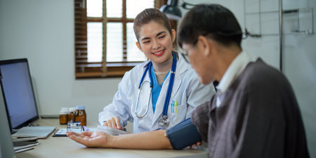 doctor discussion results or symptoms and gives a recommendation to a senior male patient, giving consultation during medical examination in clinicの写真素材