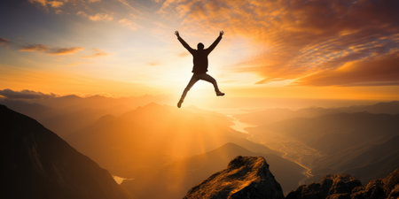 Silhouette of man jump on top of the mountain. business successful, victory triumph concept. Generative AIの素材