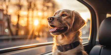 Dog riding in car and looking out from car window. travel concept. Generative AIの素材