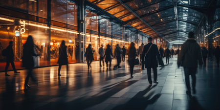 Crowded public place with people passing walking in city traffic flow motion blur effect. Cinematic light Generative AIの素材