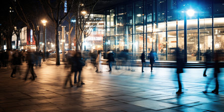 Crowded public place with people passing walking in city traffic flow motion blur effect. Cinematic light Generative AIの素材