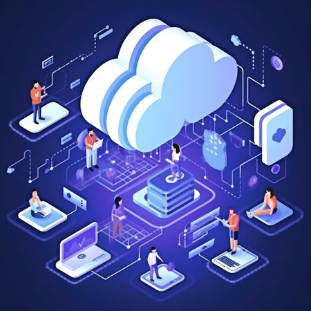Cloud technology, computing. Connected to digital storage in the data center via the Internet. Generative AIの素材