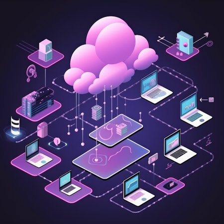 Cloud technology, computing. Connected to digital storage in the data center via the Internet. Generative AIの素材