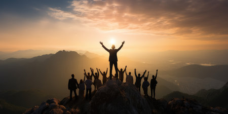 Teamwork success victory concept. Silhouette of the team on top of mountain. Leadership Concept. AI Generativeの素材