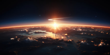 Panoramic view on planet Earth globe from space. Glowing city lights, light clouds. Generative AIの素材