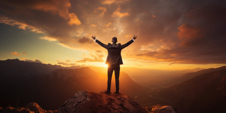 Business man standing on the top of the mountain. Business achievement success concept. generative aiの素材