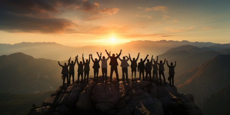 Teamwork success victory concept. Silhouette of the team on top of mountain. Leadership Concept. AI Generativeの素材