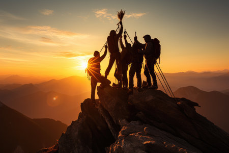 Teamwork success victory concept. Silhouette of the team on top of mountain. Leadership Concept. AI Generativeの素材