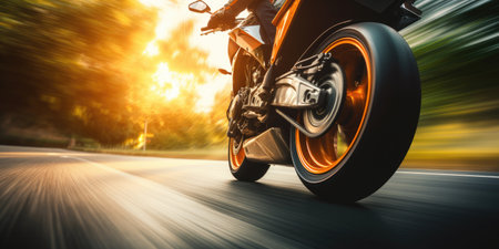 Motorbike rider on road. close up on wheel. Generative AIの素材