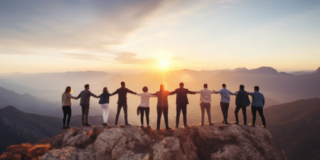 Teamwork success victory concept. Silhouette of the team on top of mountain. Leadership Concept. AI Generativeの素材