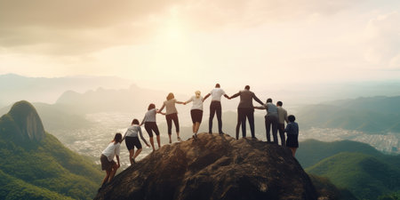 Teamwork success victory concept. Silhouette of the team on top of mountain. Leadership Concept. AI Generativeの素材