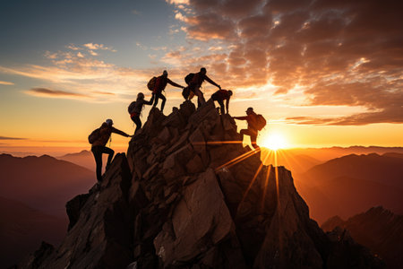 Teamwork success victory concept. Silhouette of the team on top of mountain. Leadership Concept. AI Generativeの素材