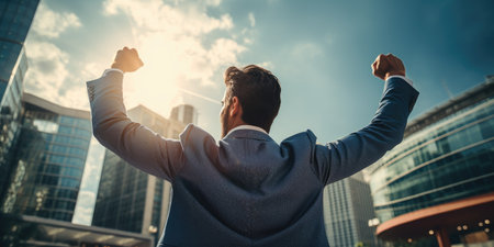 Leadership with a businessman expresses celebrate achievement his joy by raising his arm. generative AIの素材