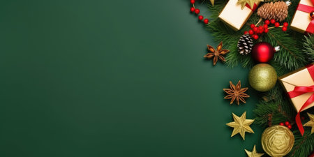 Top view of composition with Christmas decorations and copy space on green background. New Year winter banner. Generative AIの素材