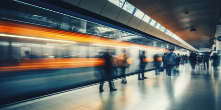 Crowded public place with people passing by, traffic flow motion blur effect. Generative AIの素材