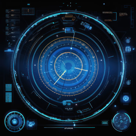 Abstract of glowing futuristic in virtual head up cyber interface concept. Background futuristic innovation of neon in back background. generative AIの素材