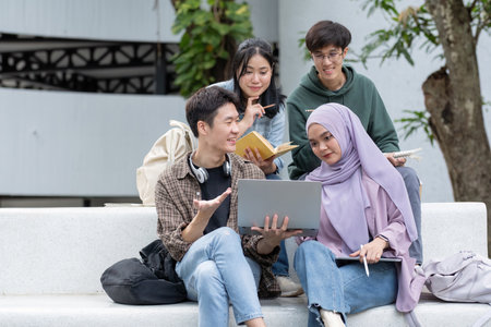 Student friendship concept with multiracial diverse classmate friend sitting together at campus college park. Millennial people having fun social gathering outside. Youth teenage and educationの写真素材