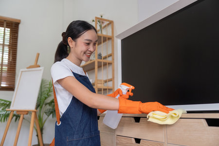 Asian young housekeeping or maid cleaning at home, Cleaning home conceptの写真素材