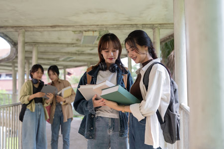 Happy young student chat with each other after class. Guy and girls wear casual clothes to study. Lifestyle concept, sincere emotionsの写真素材