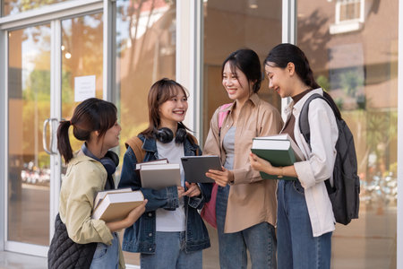 Happy young student chat with each other after class. Guy and girls wear casual clothes to study. Lifestyle concept, sincere emotionsの写真素材