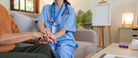 Nurse and doctor with senior patient, empathy and trust for surgery, psychology and healthcare consulting. Closeup psychologist, caregiver and volunteer support, help and hope of mental healthの写真素材