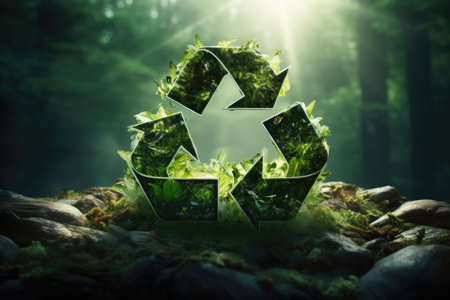 Recycling symbol with plants, environmental preservation concept. Generative AIの素材
