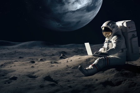 Lonely astronaut using laptop sitting on moon. generative aiの素材