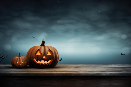 Empty wooden table with pumpkin for product display. Halloween background. Generative AIの素材