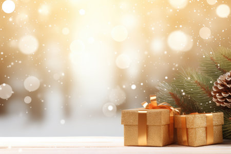 Gift boxes ornament a background bokeh of twinkling party lights decoration. New Year present. Christmas gift background with copyspace. Generative AIの素材