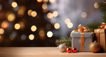 Gift boxes ornament a background bokeh of twinkling party lights decoration. New Year present. Christmas gift background with copyspace. Generative AIの素材