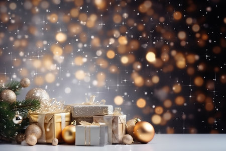 Gift boxes ornament a background bokeh of twinkling party lights decoration. New Year present. Christmas gift background with copyspace. Generative AIの素材
